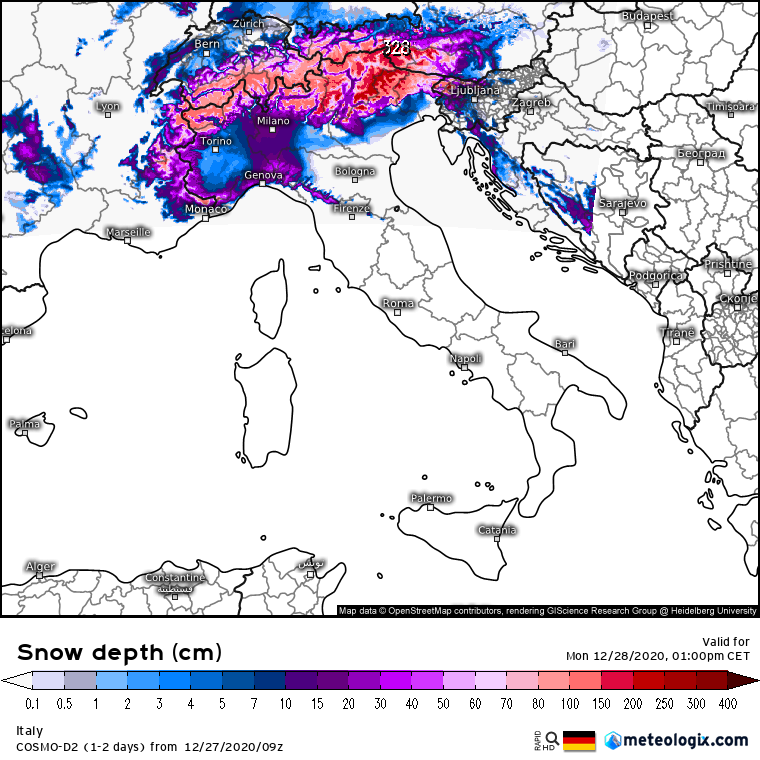 Neve 28 dicembre Nord Italia